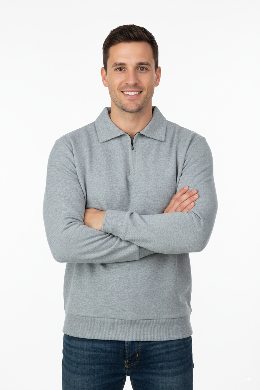 Erkek Kışlık Kazak Pamuklu Dokuma Yarım Fermuarlı Polo Yaka Uzun Kollu Düz Renk Rahat Kesim